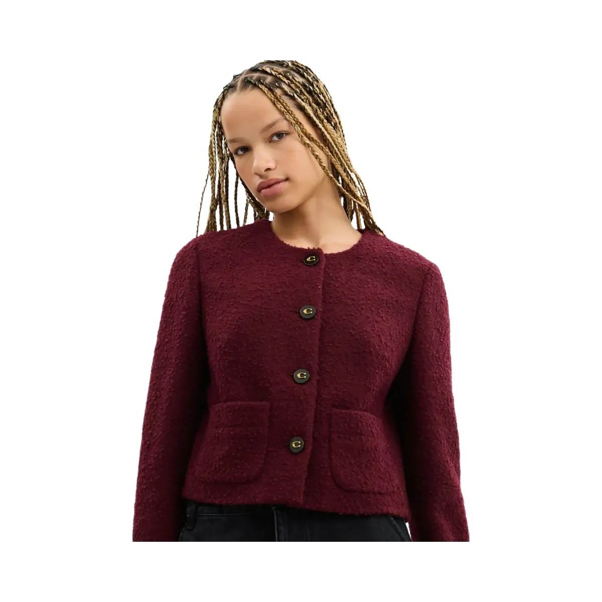 Coach Boucle Cardigan Jacket Burgundy - HypeFly India View 4