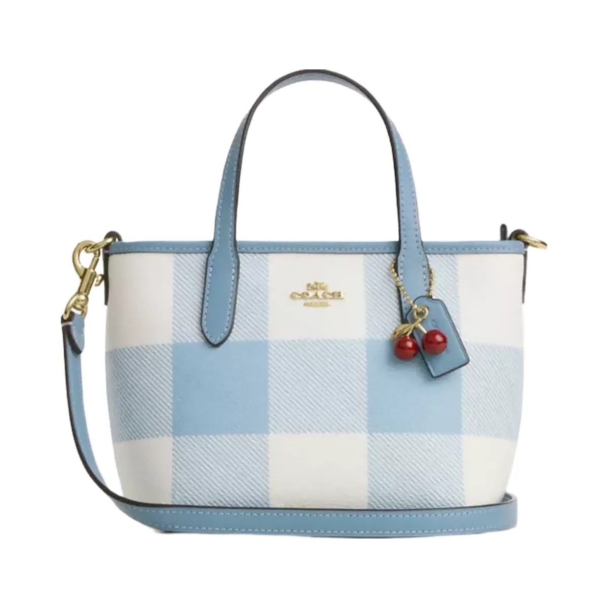 Coach City Mini Tote Bag With Gingham Print And Charm in Gold Blue Multi - HypeFly India View 1