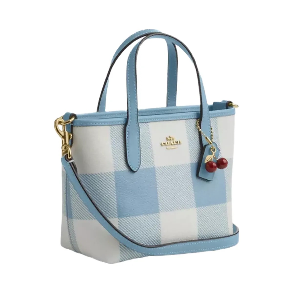 Coach City Mini Tote Bag With Gingham Print And Charm in Gold Blue Multi - HypeFly India View 2