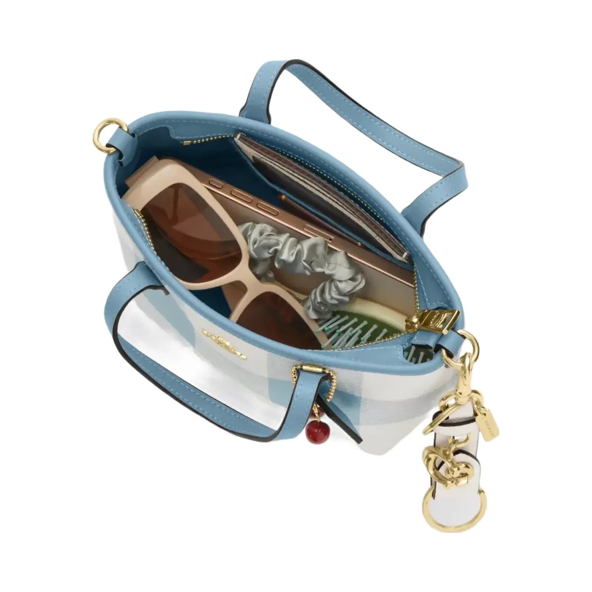 Coach City Mini Tote Bag With Gingham Print And Charm in Gold Blue Multi - HypeFly India View 4