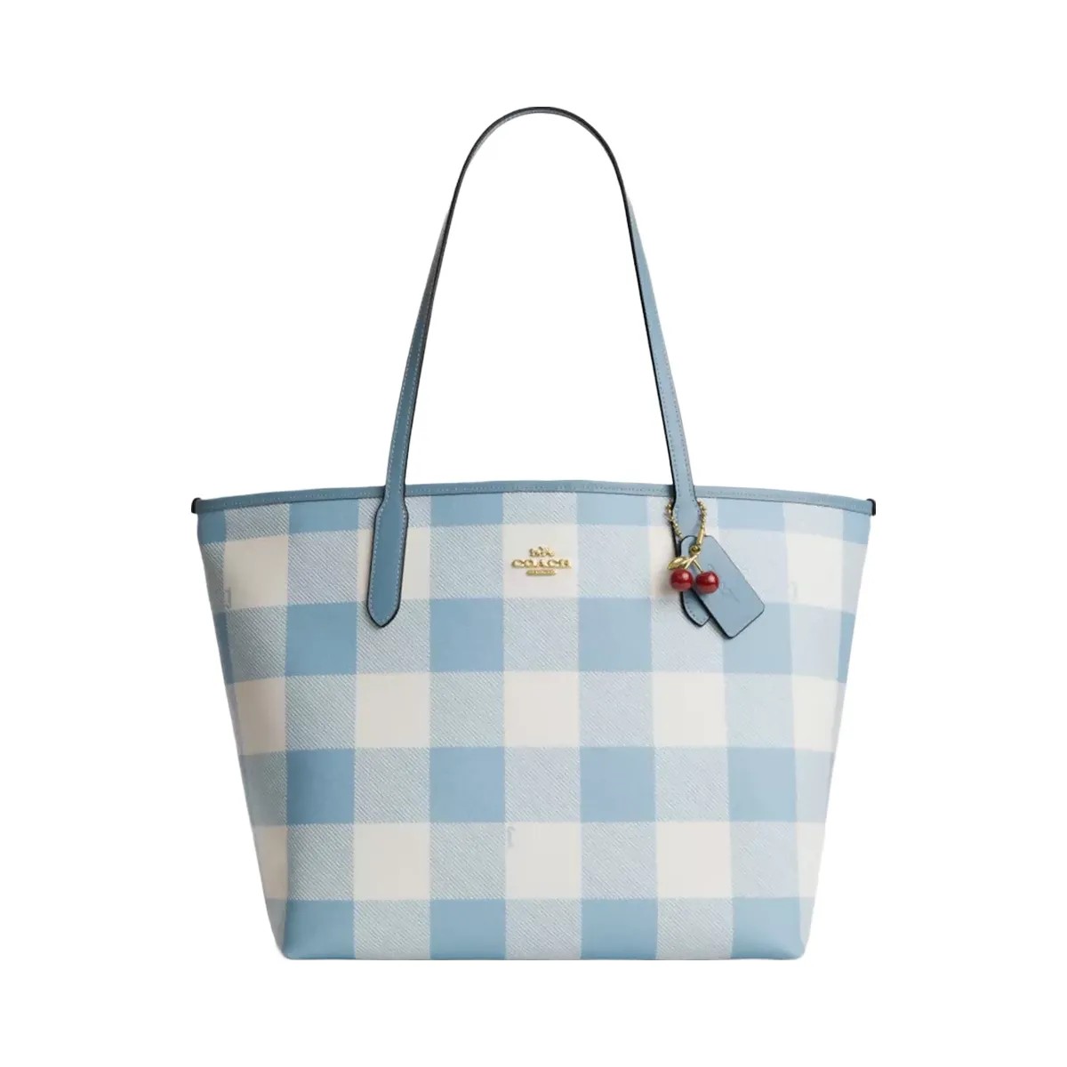 Coach City Tote Bag With Gingham Print And Charm in Gold Blue Multi - HypeFly India View 1