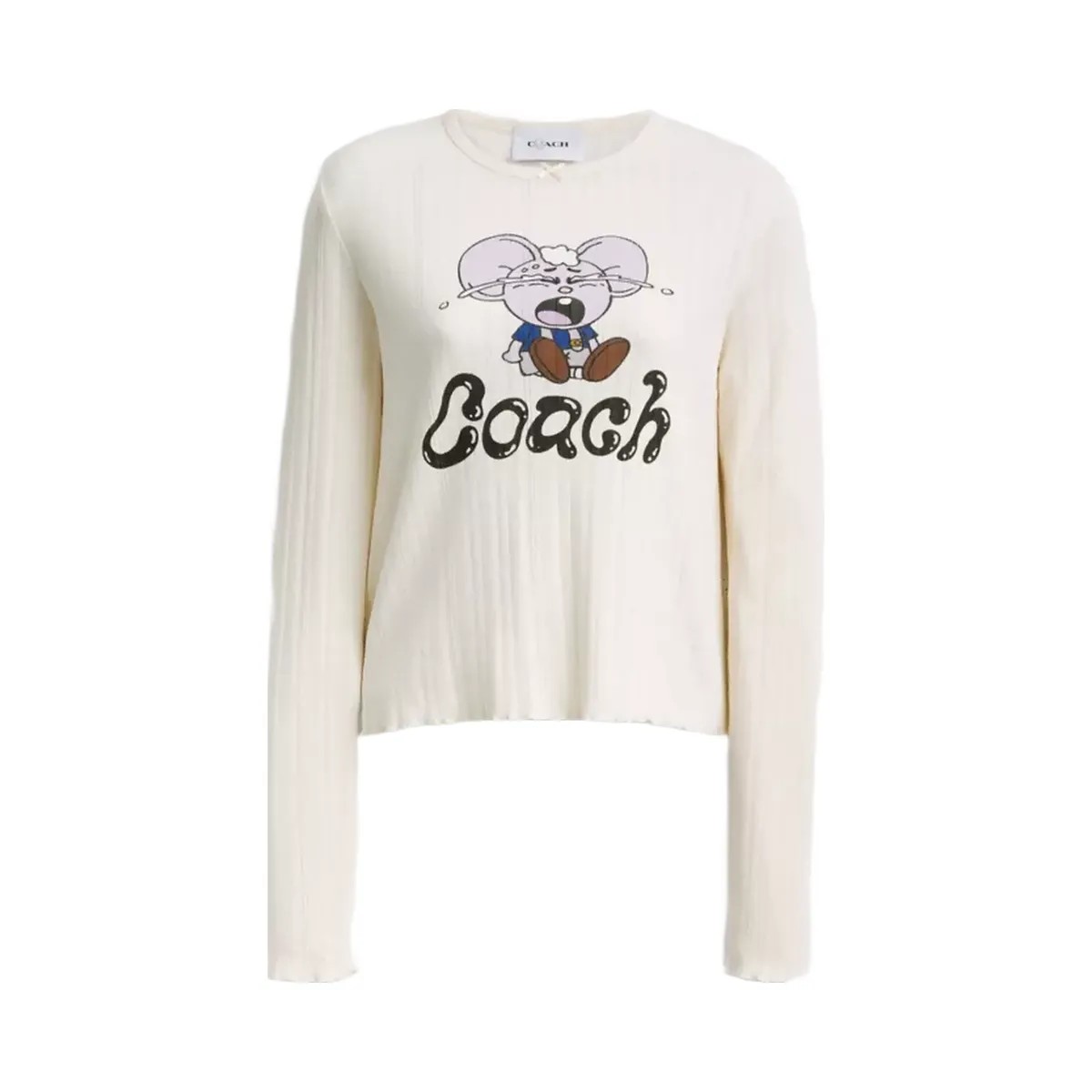 Coach x Brain Dead Kachi Mouse Graphic Long Sleeve Pointelle Top in Cream - HypeFly India View 1