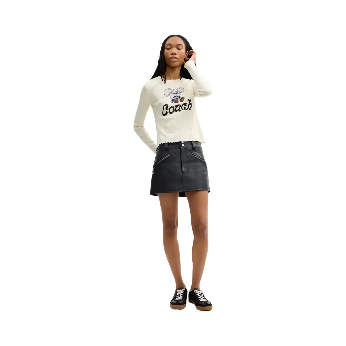 Coach x Brain Dead Kachi Mouse Graphic Long Sleeve Pointelle Top in Cream - HypeFly India View 2