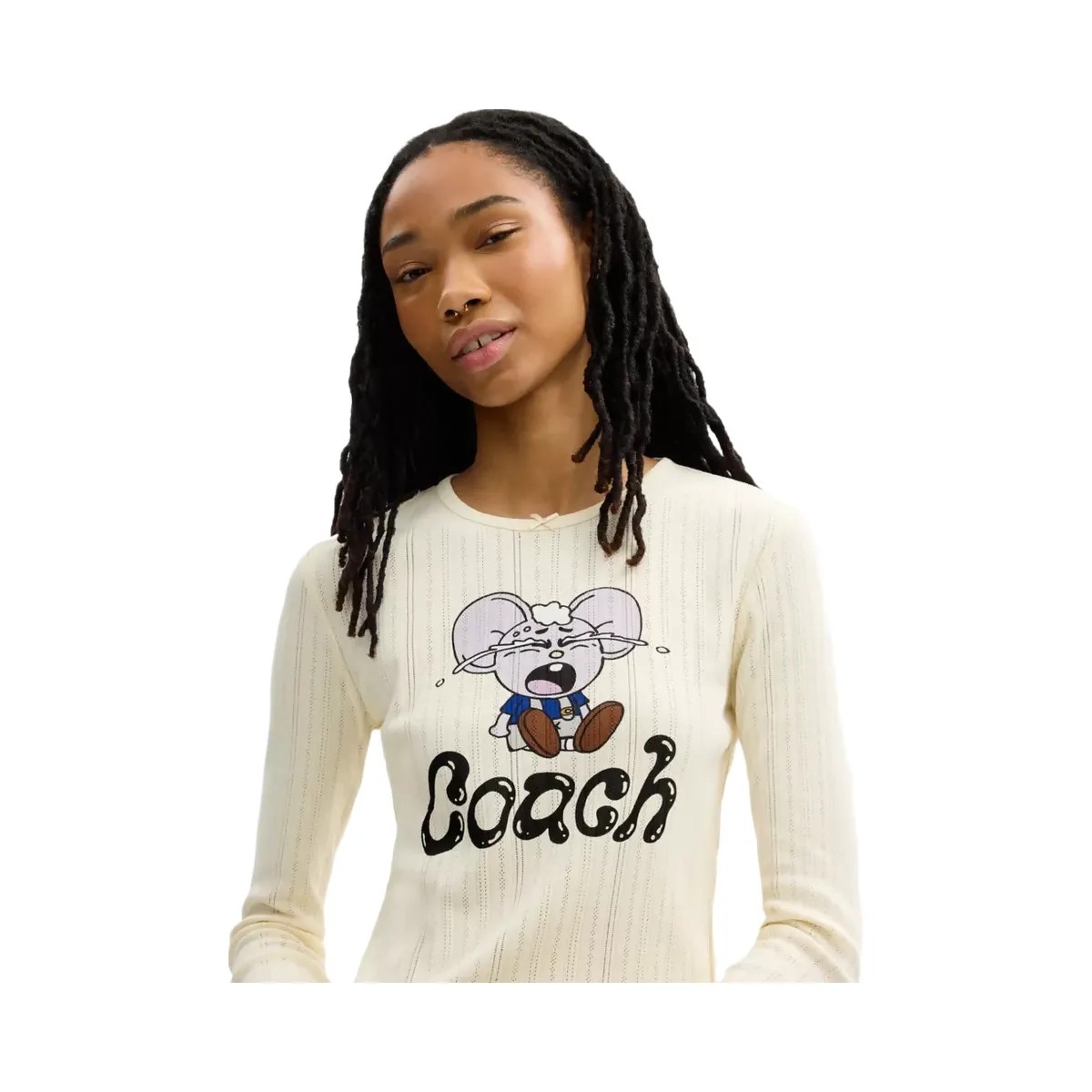 Coach x Brain Dead Kachi Mouse Graphic Long Sleeve Pointelle Top in Cream - HypeFly India View 4