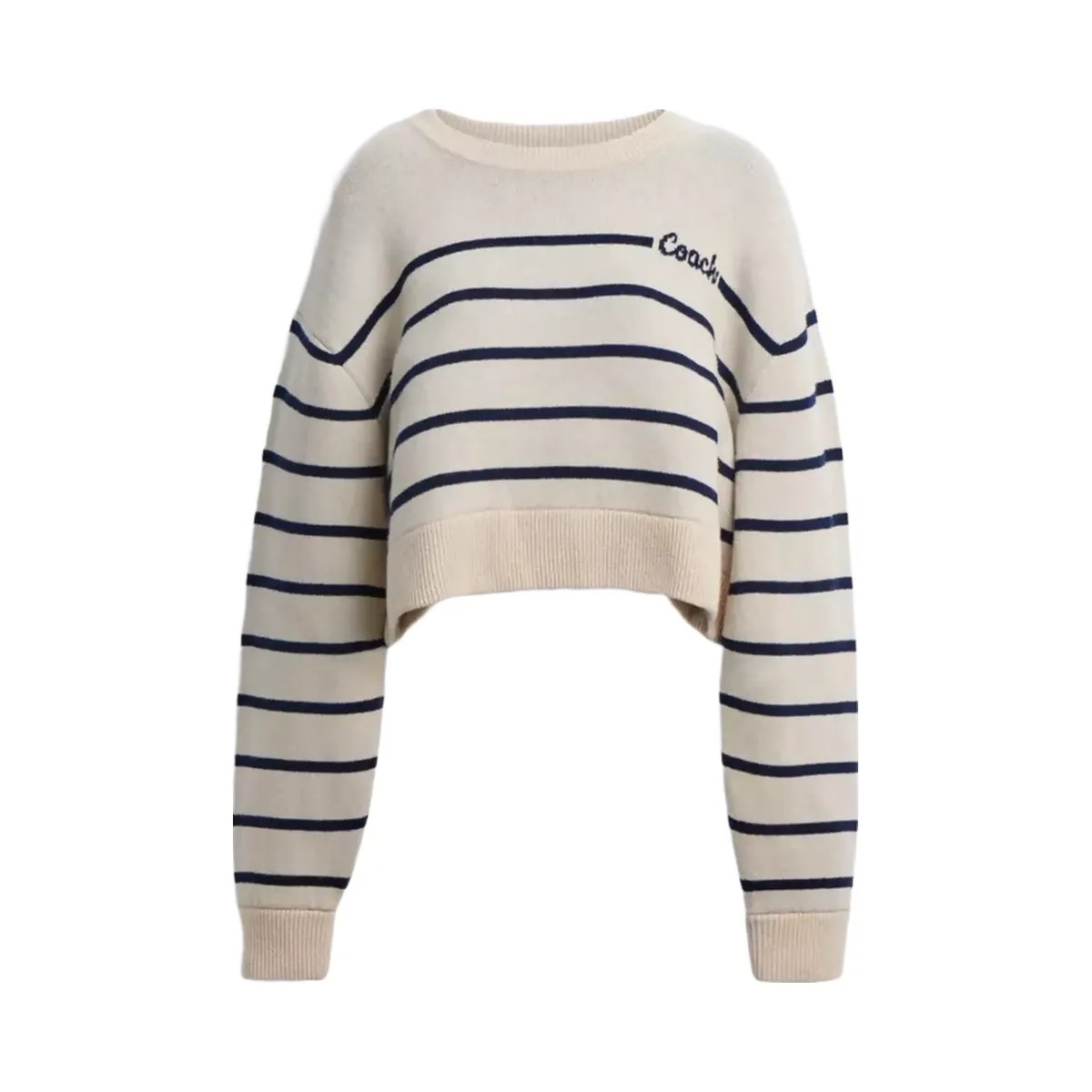 Coach Cursive Signature Striped Cropped Sweater in Cream - HypeFly India View 1