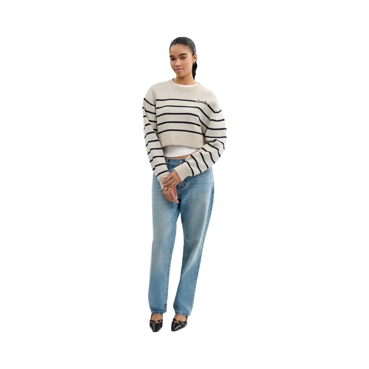 Coach Cursive Signature Striped Cropped Sweater in Cream - HypeFly India View 2