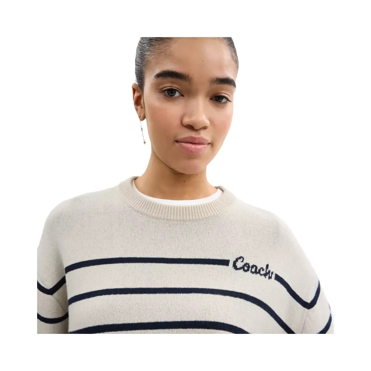 Coach Cursive Signature Striped Cropped Sweater in Cream - HypeFly India View 4