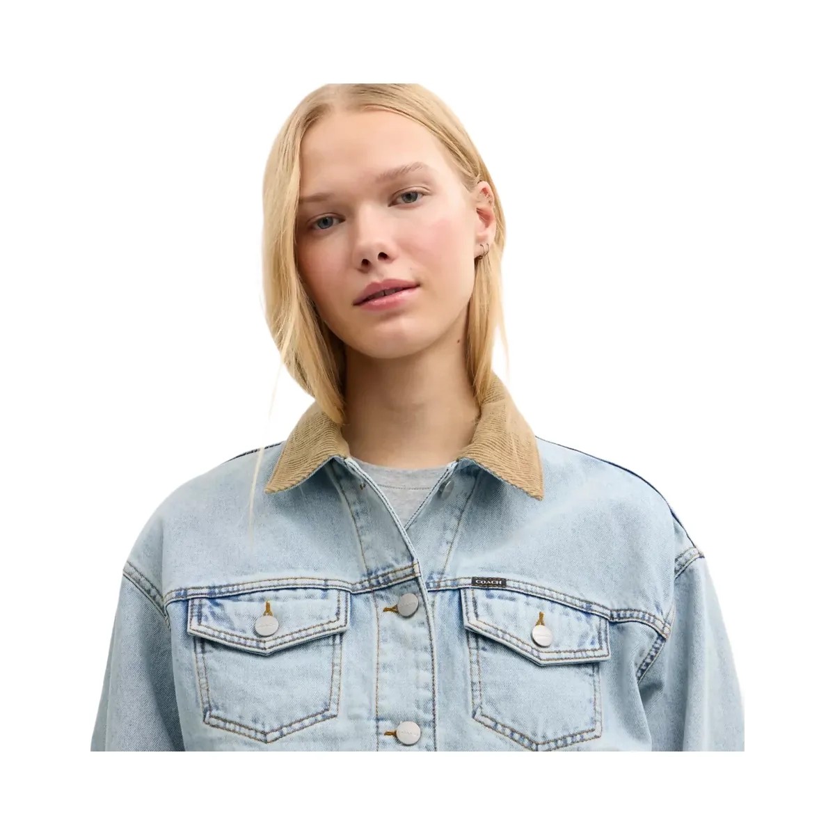 Coach Denim Jacket With Corduroy Collar In Organic Cotton in East River Wash - HypeFly India View 4