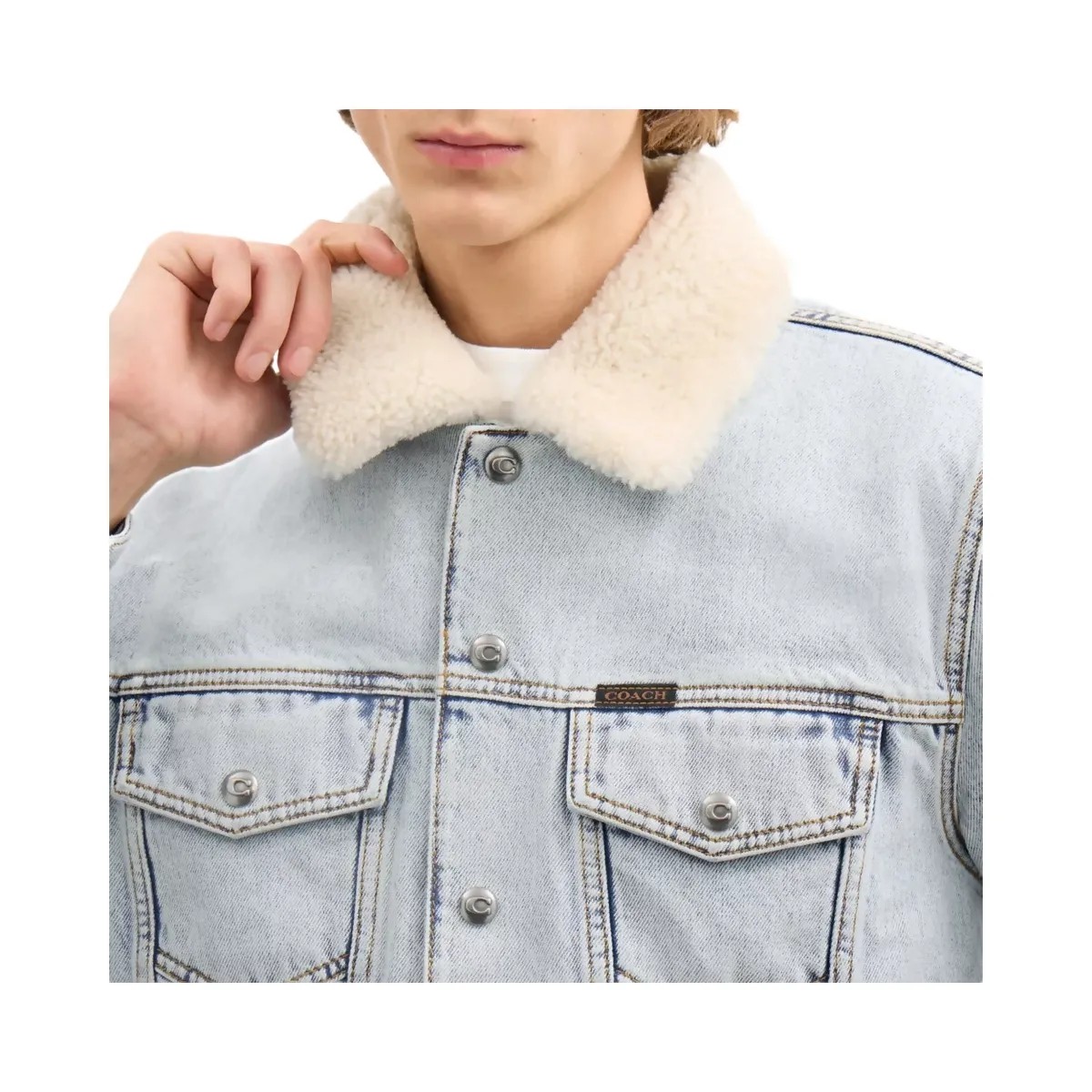 Coach Denim Jacket With Shearling Collar in Light Wash - HypeFly India View 4