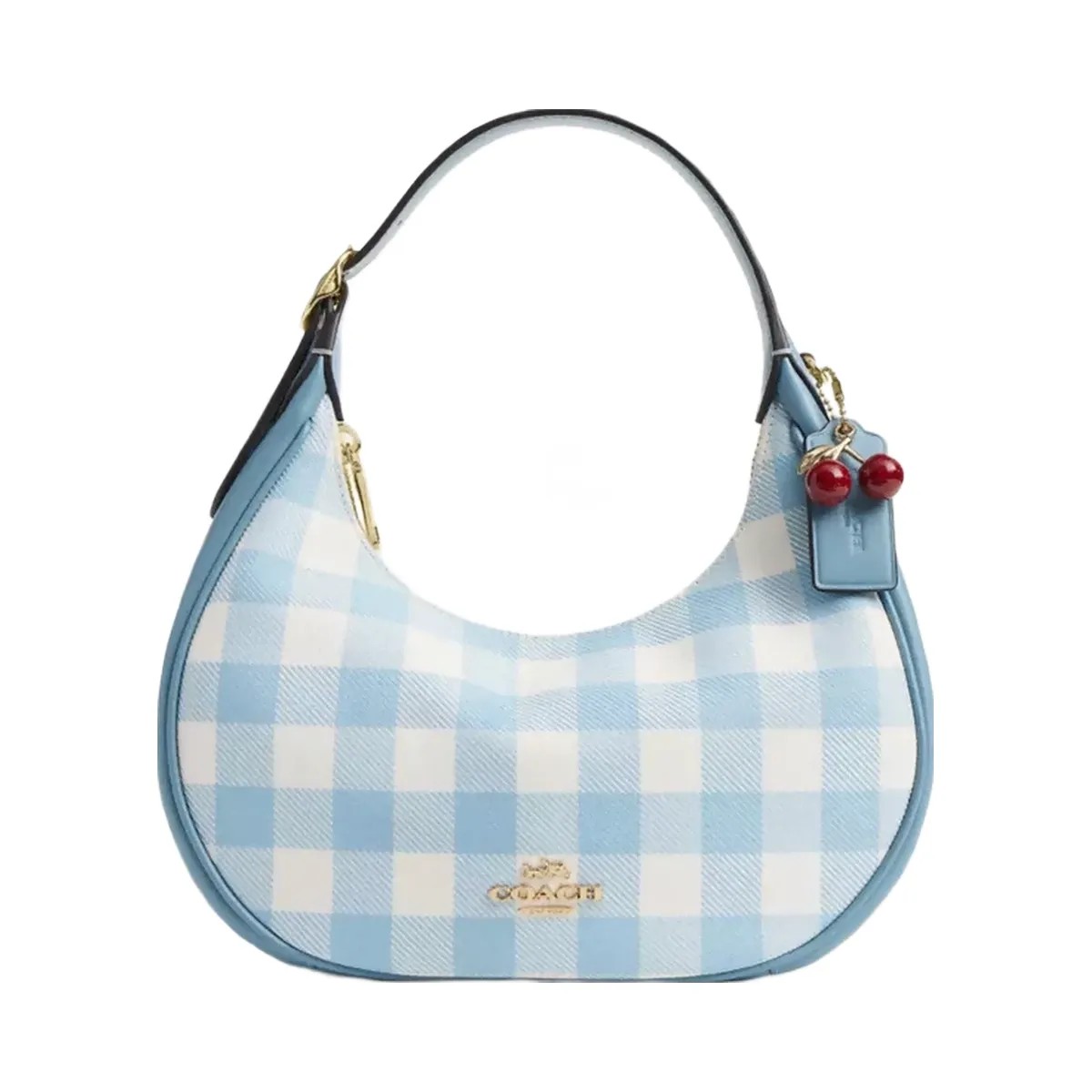 Coach Emily Shoulder Bag With Gingham Print And Charm in Gold Blue Multi - HypeFly India View 1