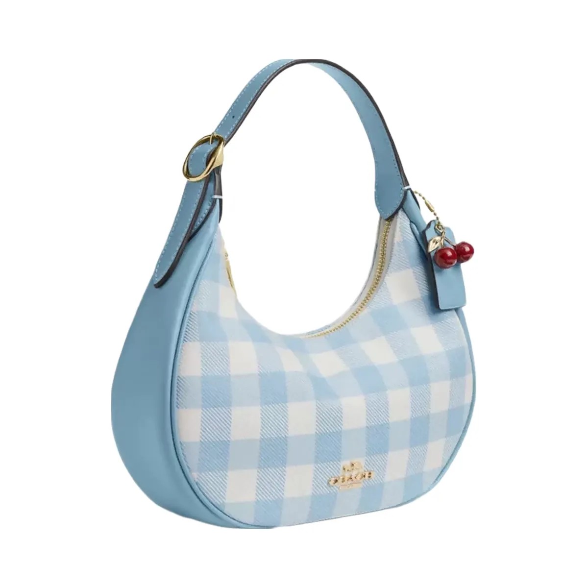 Coach Emily Shoulder Bag With Gingham Print And Charm in Gold Blue Multi - HypeFly India View 2