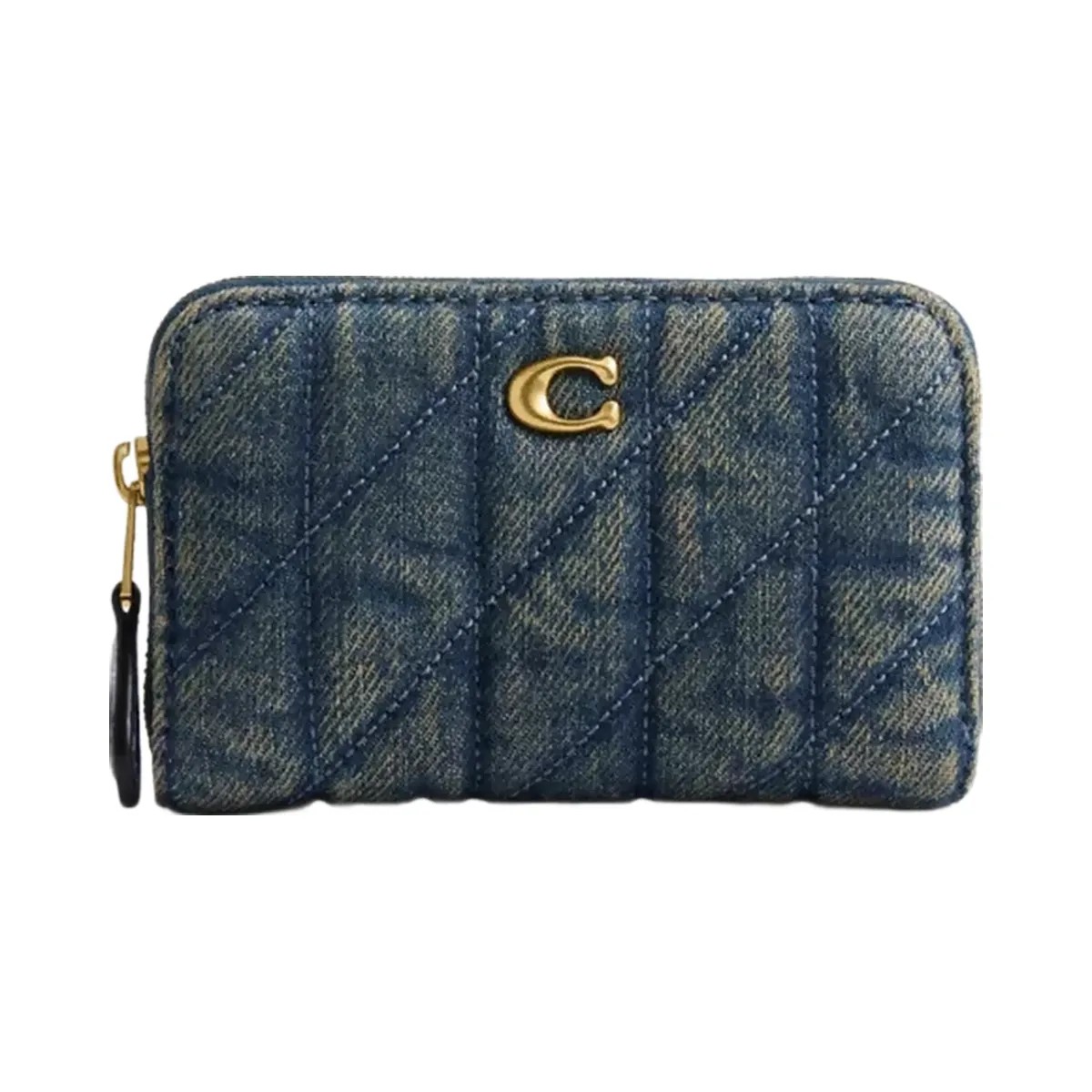 Coach Essential Small Zip Around Card Case In Regenerative Cotton Denim With Quilting in Brass Dark Indigo - HypeFly India View 1