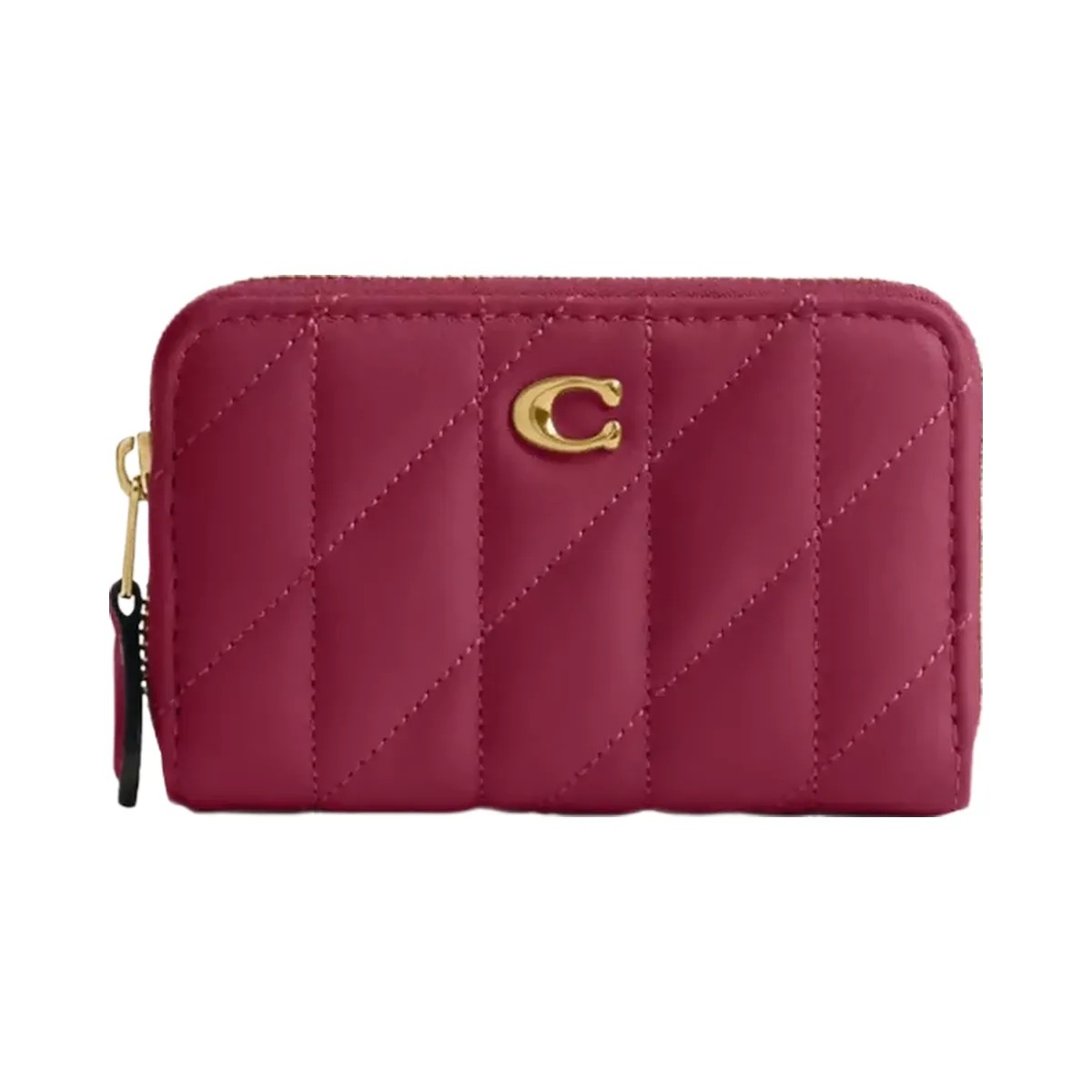 Coach Essential Small Zip Around Card Case With Pillow Quilting in Brass Dark Fuchsia - HypeFly India View 1