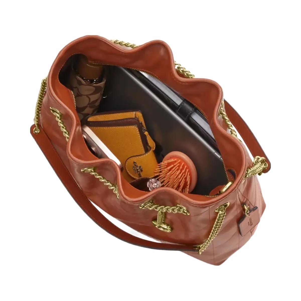 Coach Evelyn Shoulder Bag With Quilting And Charm in Gold Cinnamon - HypeFly India View 3