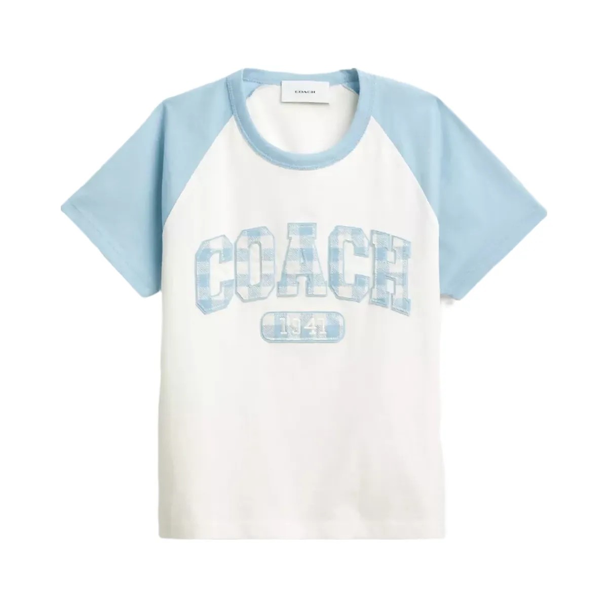 Coach Gingham Sporty Raglan T-Shirt In Organic Cotton in Blue White - HypeFly India View 1