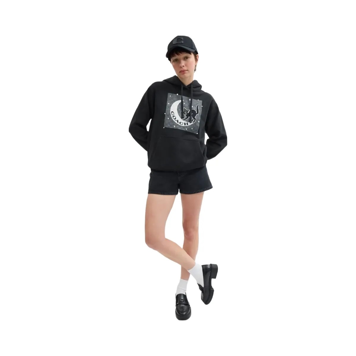 Coach Halloween Black Cat Moon Signature Square Hoodie Black - HypeFly India View 2
