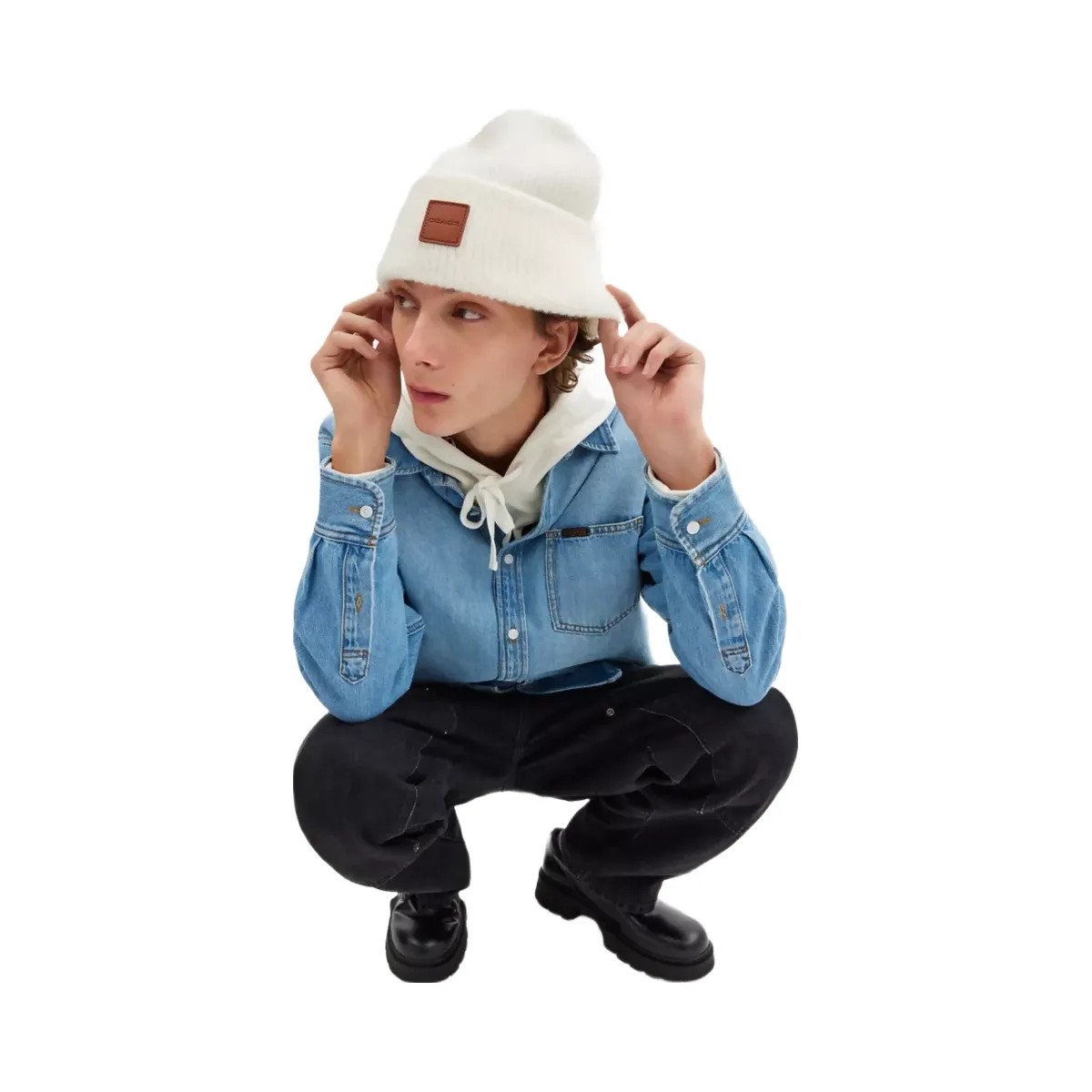 Coach Knit Beanie With Leather Patch in Chalk - HypeFly India View 3