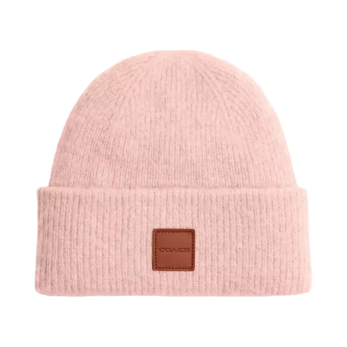 Coach Knit Beanie With Leather Patch in Peach - HypeFly India View 1