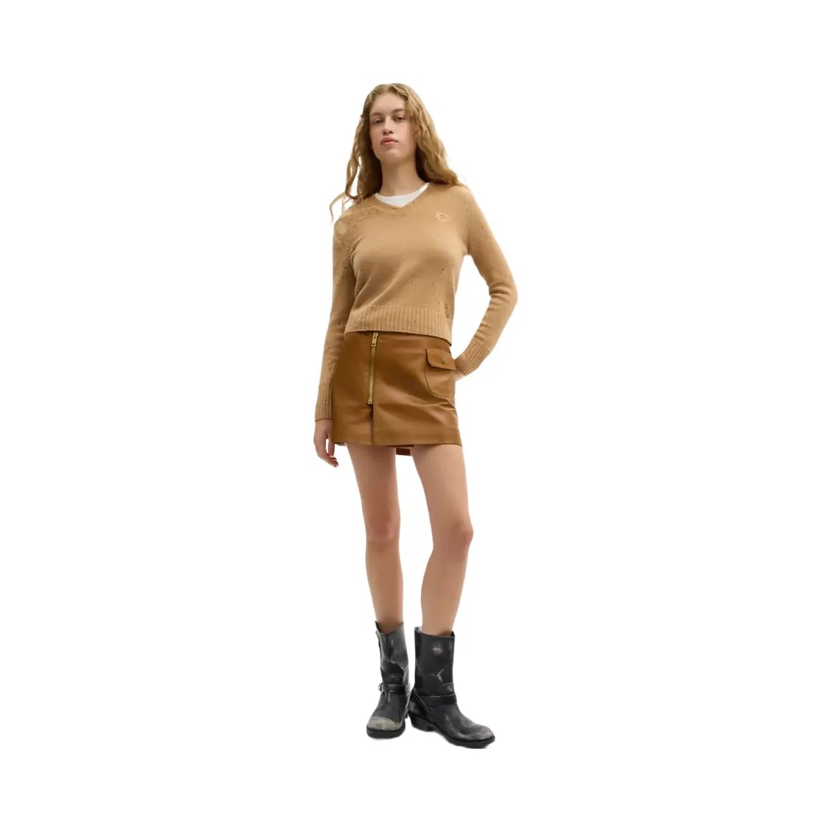 Coach Loved Long Sleeve V-Neck Sweater in Tan - HypeFly India View 2