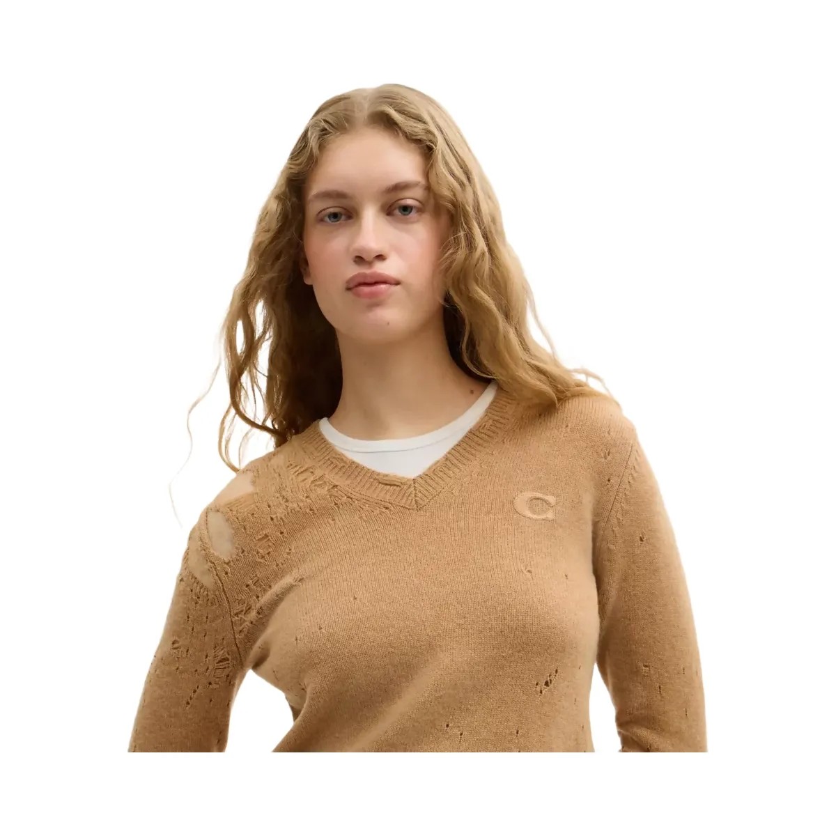 Coach Loved Long Sleeve V-Neck Sweater in Tan - HypeFly India View 4