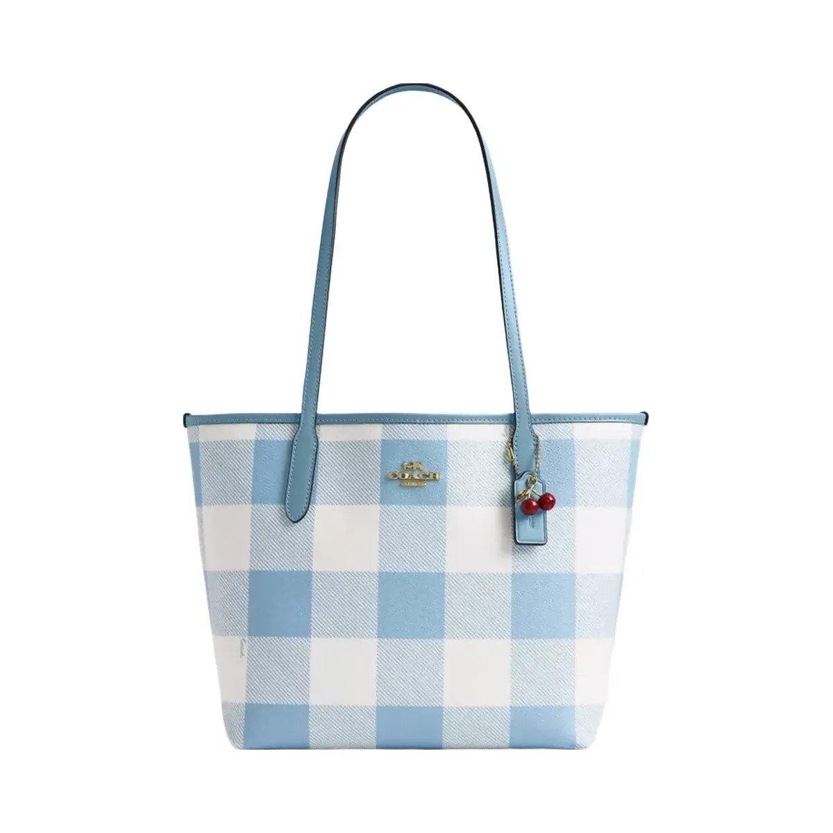 Coach Medium City Tote Bag With Gingham Print And Charm in Gold Blue Multi - HypeFly India View 1