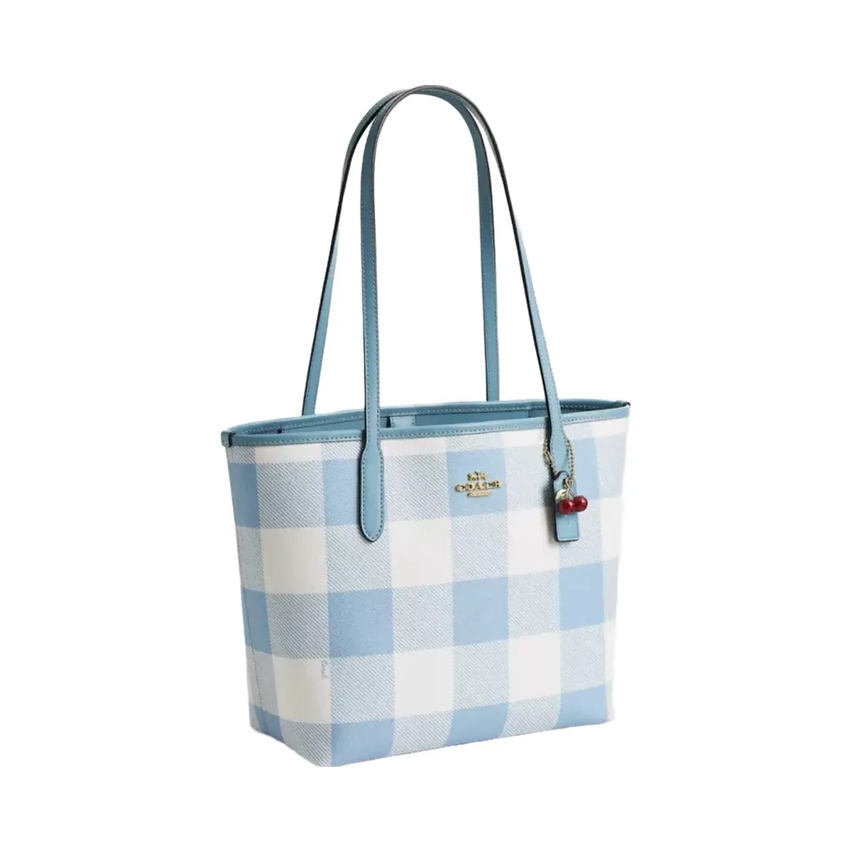 Coach Medium City Tote Bag With Gingham Print And Charm in Gold Blue Multi - HypeFly India View 2
