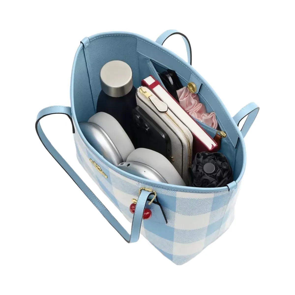 Coach Medium City Tote Bag With Gingham Print And Charm in Gold Blue Multi - HypeFly India View 4
