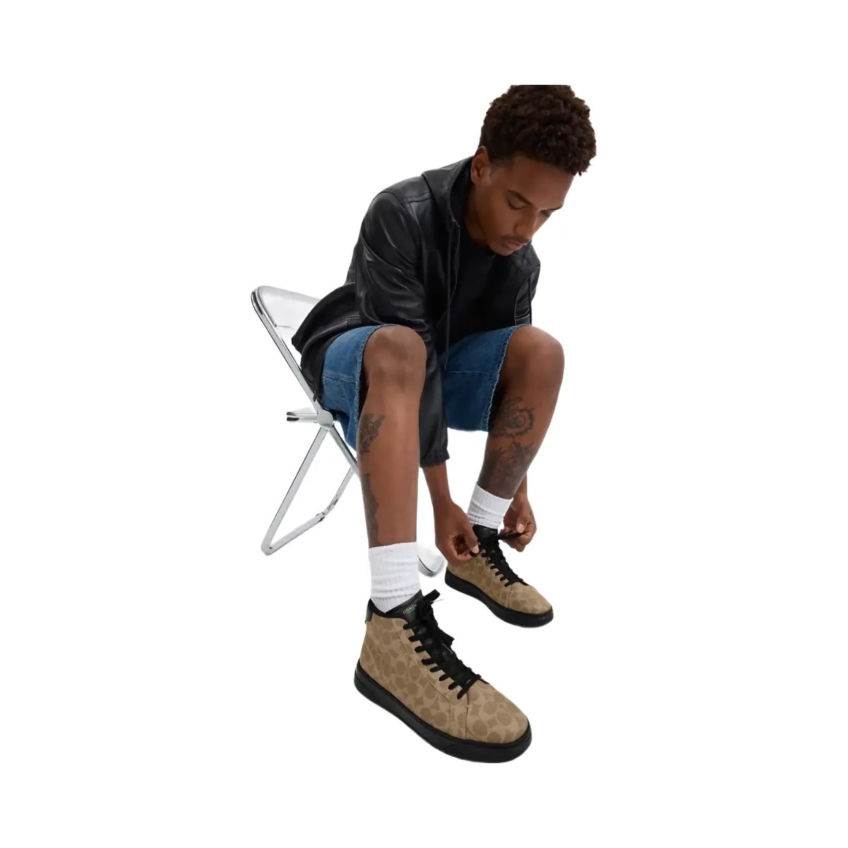 Coach Men's High Line High Top Sneaker In Signature Canvas Khaki Black - HypeFly India View 5