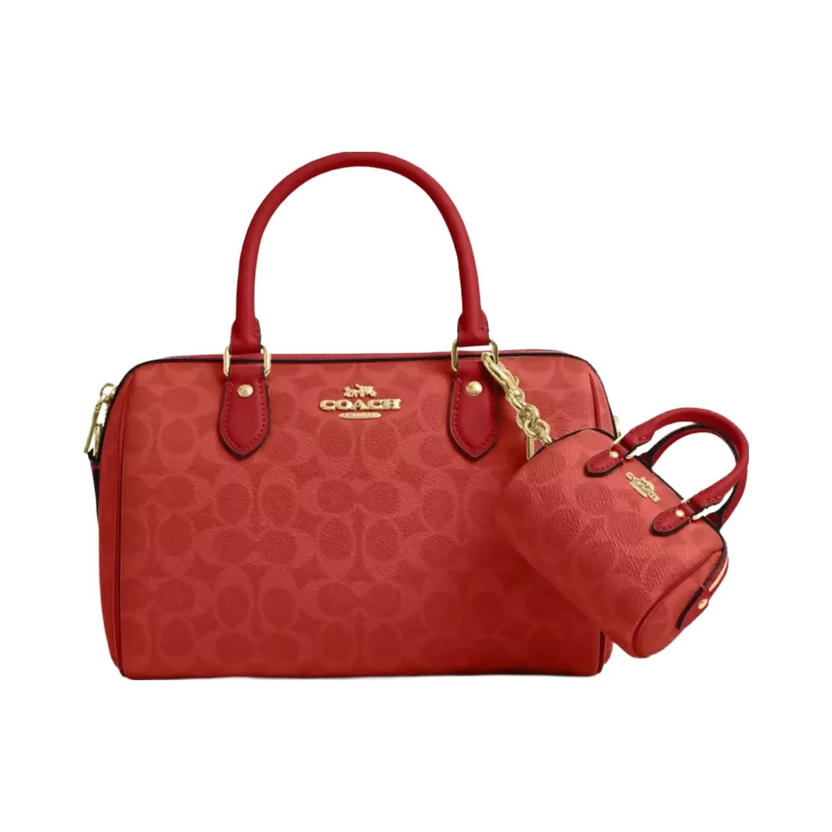 Coach Mini Rowan Bag Charm In Signature Canvas in Gold Crimson - HypeFly India View 3