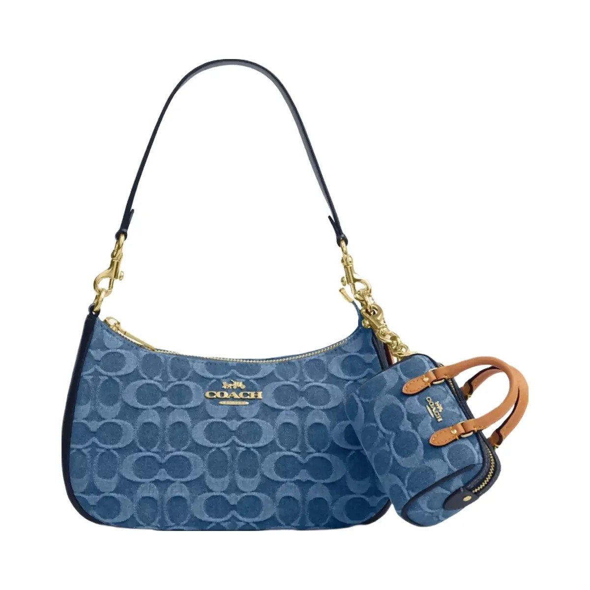 Coach Mini Rowan Bag Charm In Signature Denim in Gold Indigo - HypeFly India View 2