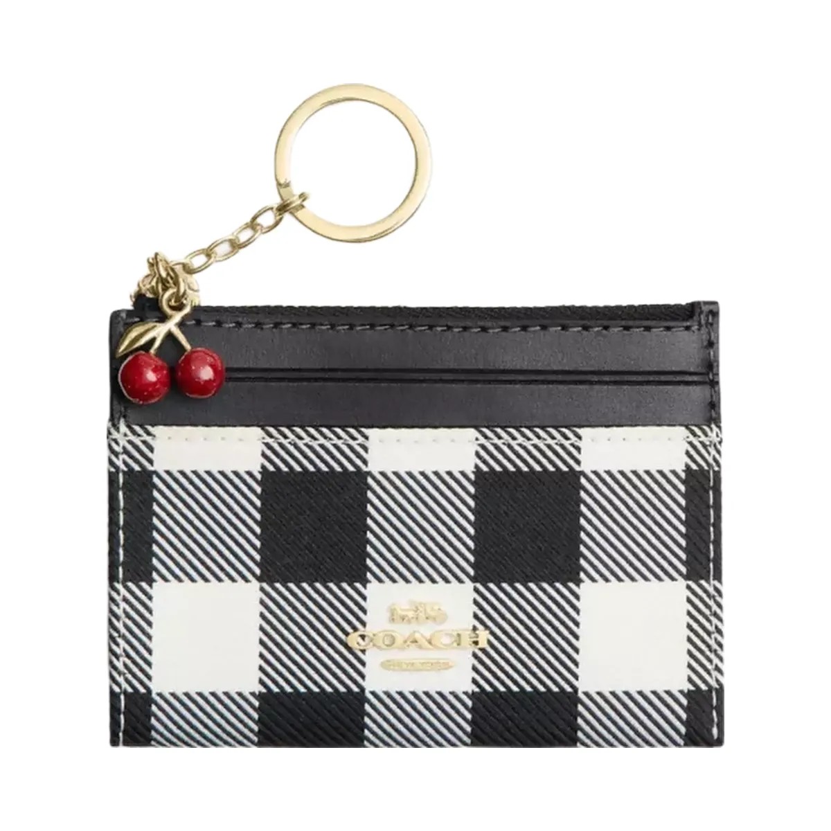 Coach Mini Skinny Id Case With Gingham Print And Charm in Gold Black Multi - HypeFly India View 1