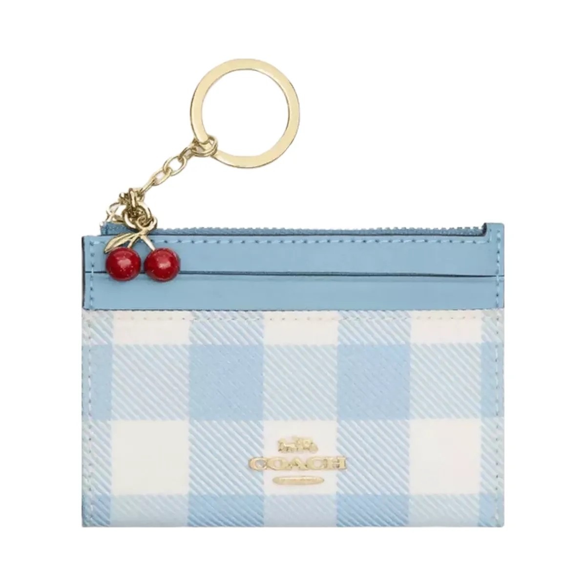 Coach Mini Skinny Id Case With Gingham Print And Charm in Gold Blue Multi - HypeFly India View 1