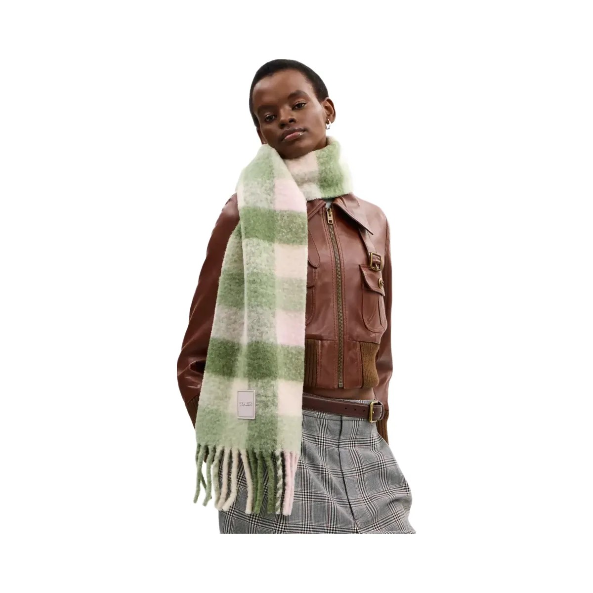 Coach Oversized Plaid Muffler With Rubber Patch in Olive Multi - HypeFly India View 2