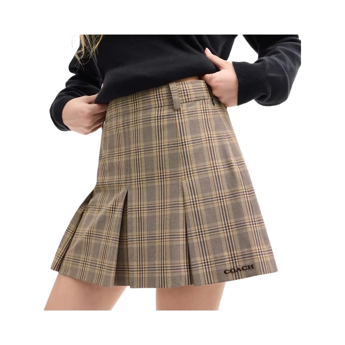 Coach Pleated Plaid Skirt In Recycled Polyester in Tan Multi - HypeFly India View 4