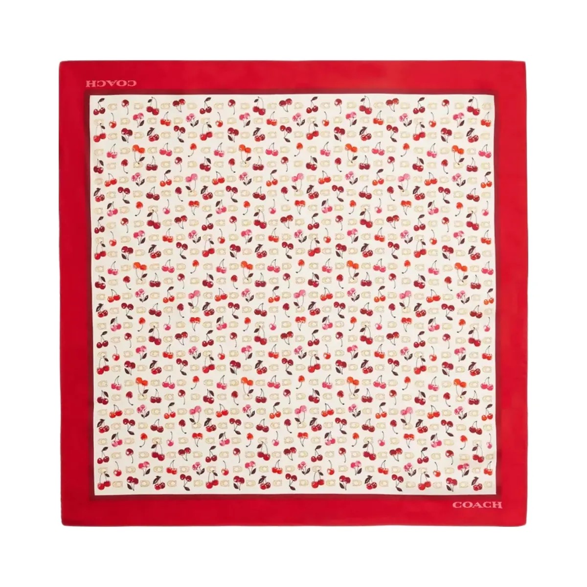 Coach Sculpted C Cherries Print Silk Bandana in Chalk Red - HypeFly India View 1