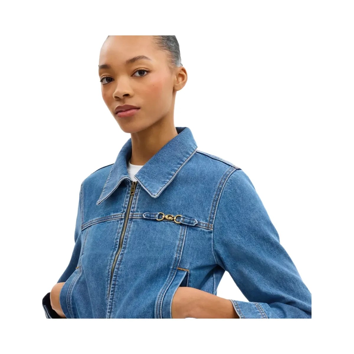 Coach Sculpted C Shrunken Denim Jacket In Organic Cotton in Medium Blue - HypeFly India View 4