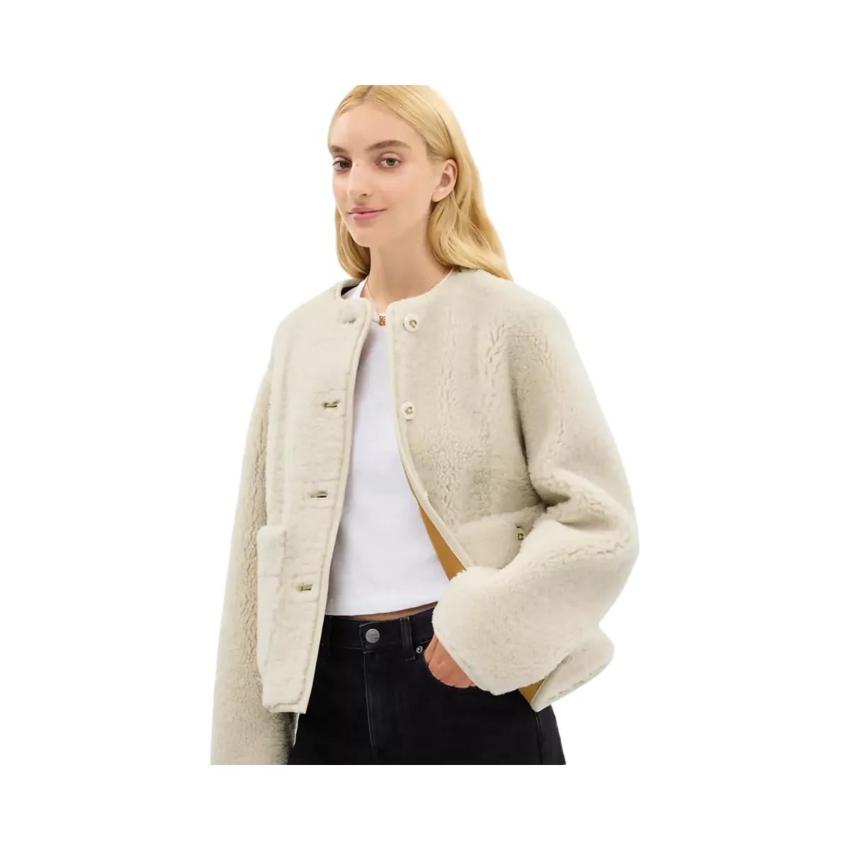 Coach Shearling Cardigan Jacket in Cream - HypeFly India View 5