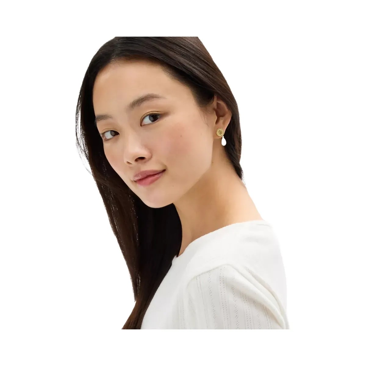 Coach Signature Pavé Coin Pearl Drop Earrings in Gold Pearl - HypeFly India View 2