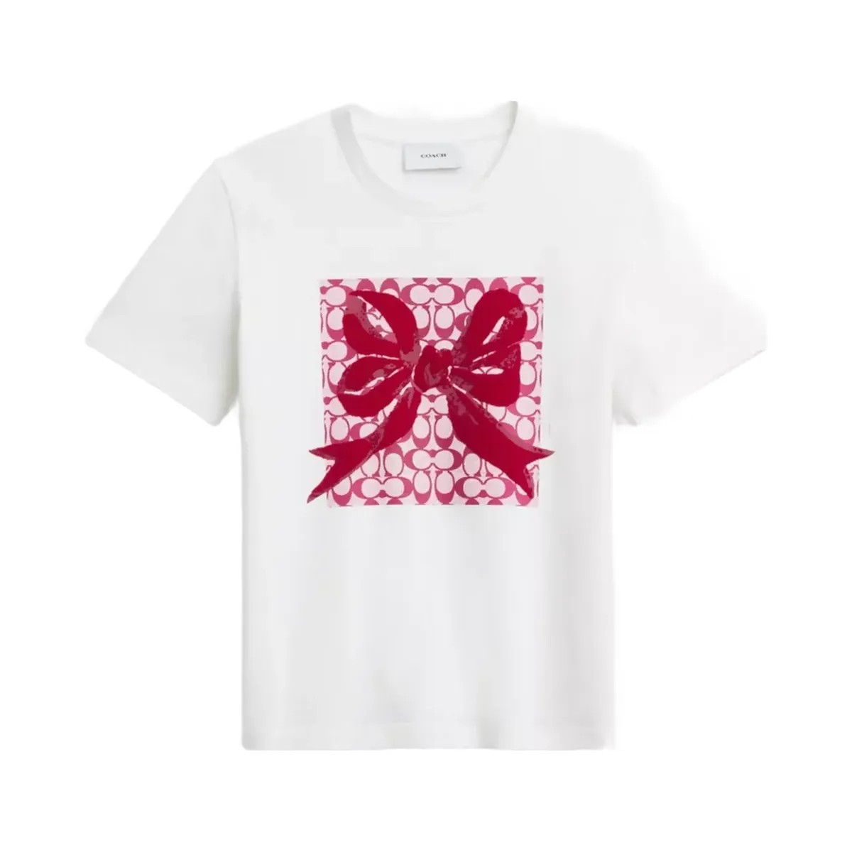Coach Signature Square Bow Classic T-Shirt In Organic Cotton in Vintage Ivory Fuchsia - HypeFly India View 1