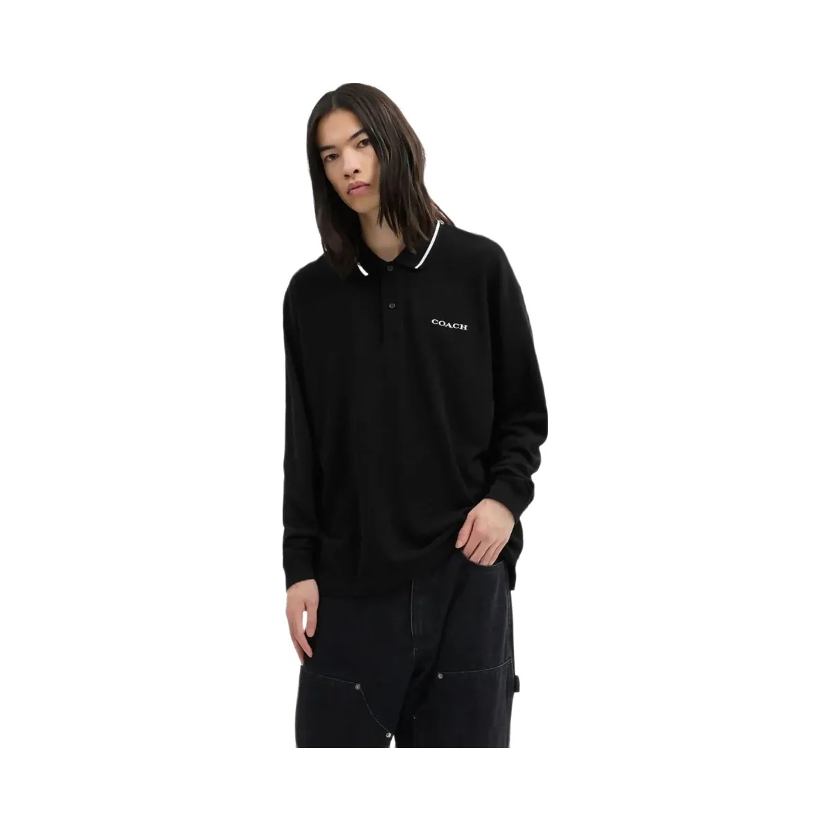 Coach Signature Trim Long Sleeve Polo In Regenerative Cotton Black - HypeFly India View 2