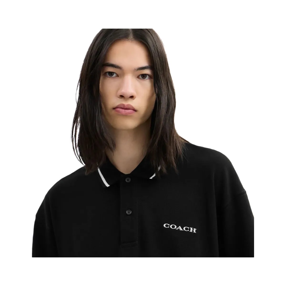 Coach Signature Trim Long Sleeve Polo In Regenerative Cotton Black - HypeFly India View 4