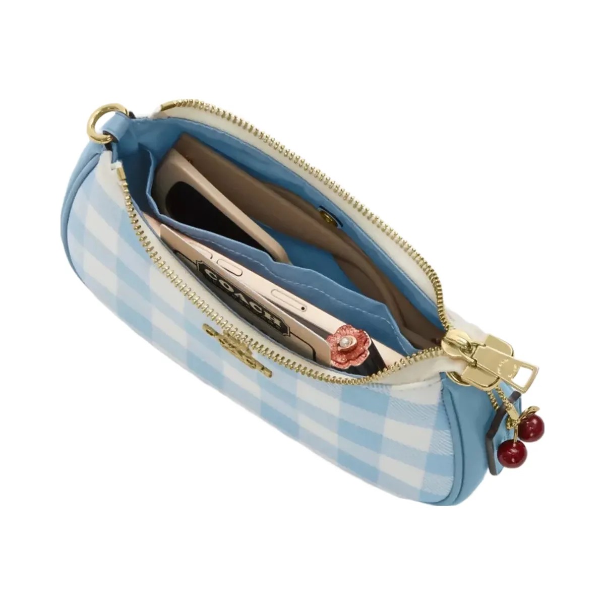 Coach Teri Mini Crossbody Bag With Gingham Print And Charm in Gold Blue Multi - HypeFly India View 4
