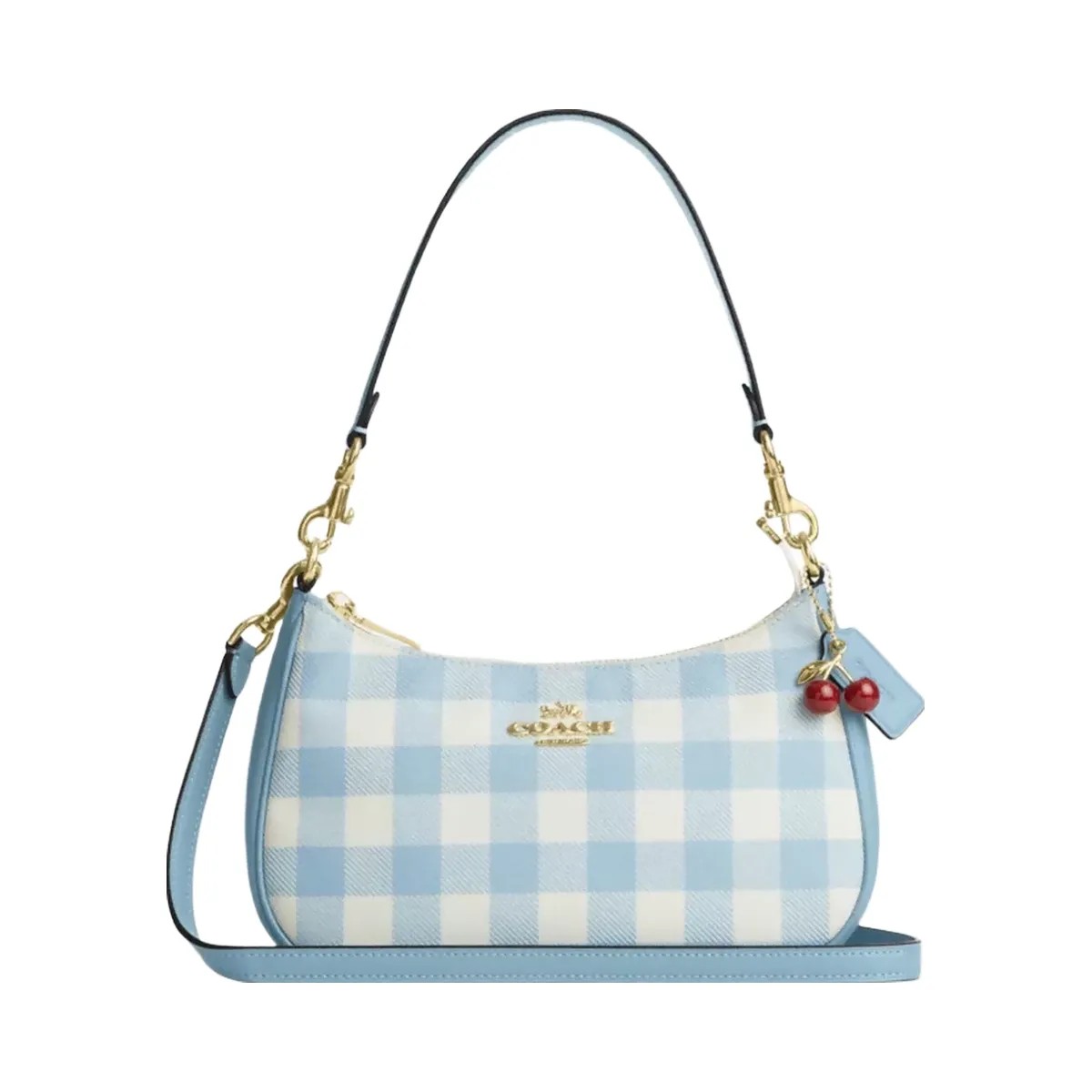 Coach Teri Shoulder Bag With Gingham Print And Charm in Gold Blue Multi - HypeFly India View 1