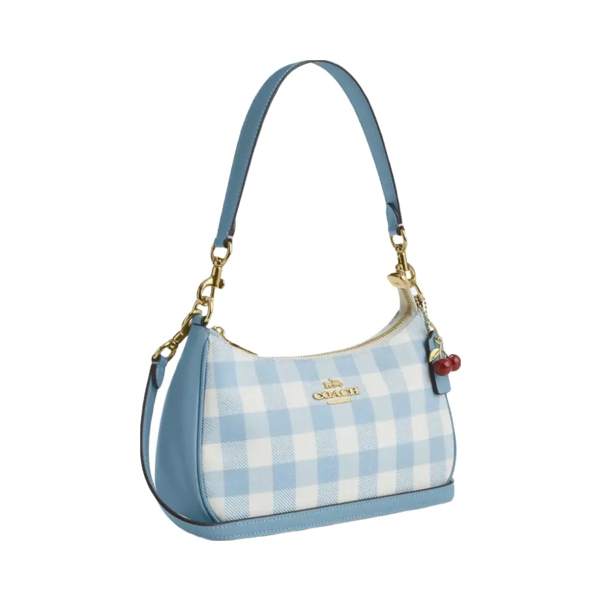 Coach Teri Shoulder Bag With Gingham Print And Charm in Gold Blue Multi - HypeFly India View 2
