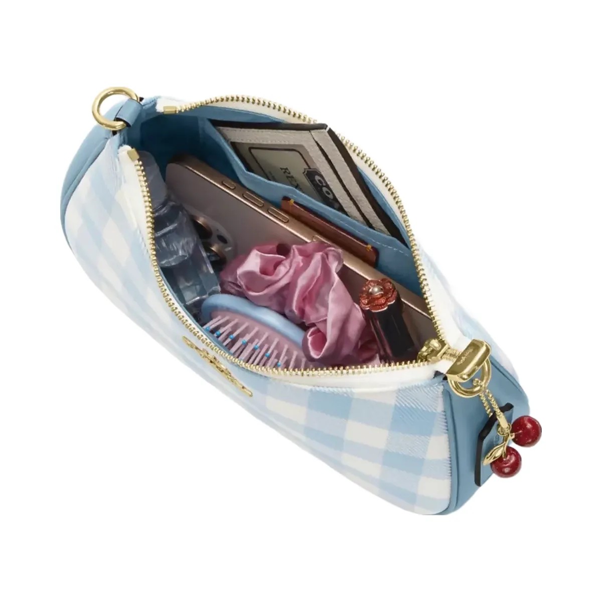 Coach Teri Shoulder Bag With Gingham Print And Charm in Gold Blue Multi - HypeFly India View 4