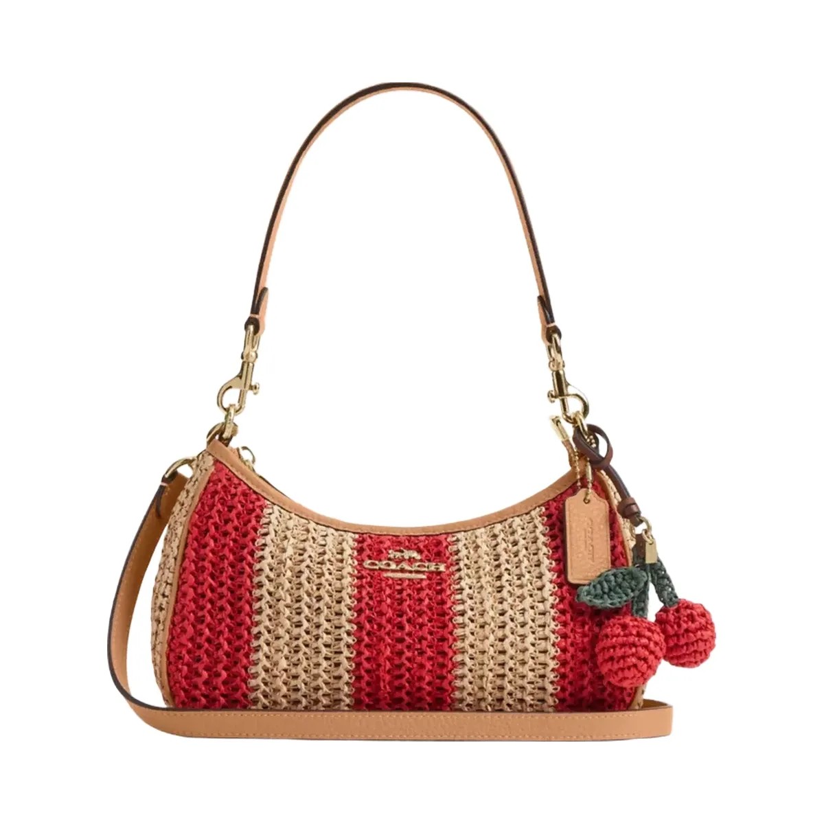 Coach Teri Shoulder Bag With Stripes And Charm in Gold Red Tan - HypeFly India View 1