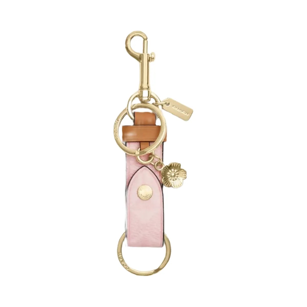 Coach Trigger Snap Bag Charm In Signature Canvas With Heart Charm in Gold Powder Pink - HypeFly India View 1