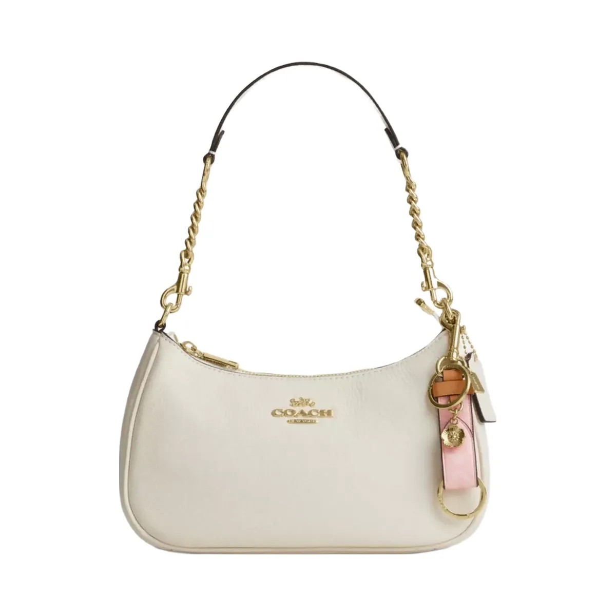Coach Trigger Snap Bag Charm In Signature Canvas With Heart Charm in Gold Powder Pink - HypeFly India View 2