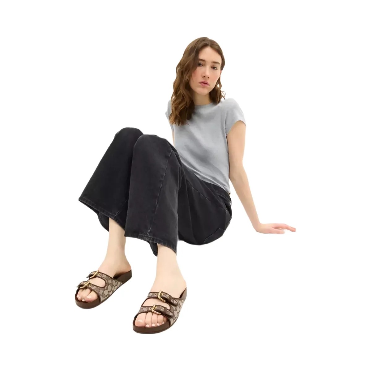 Coach Two Band Buckle Sandal In Signature Jacquard in Oak Maple - HypeFly India View 6