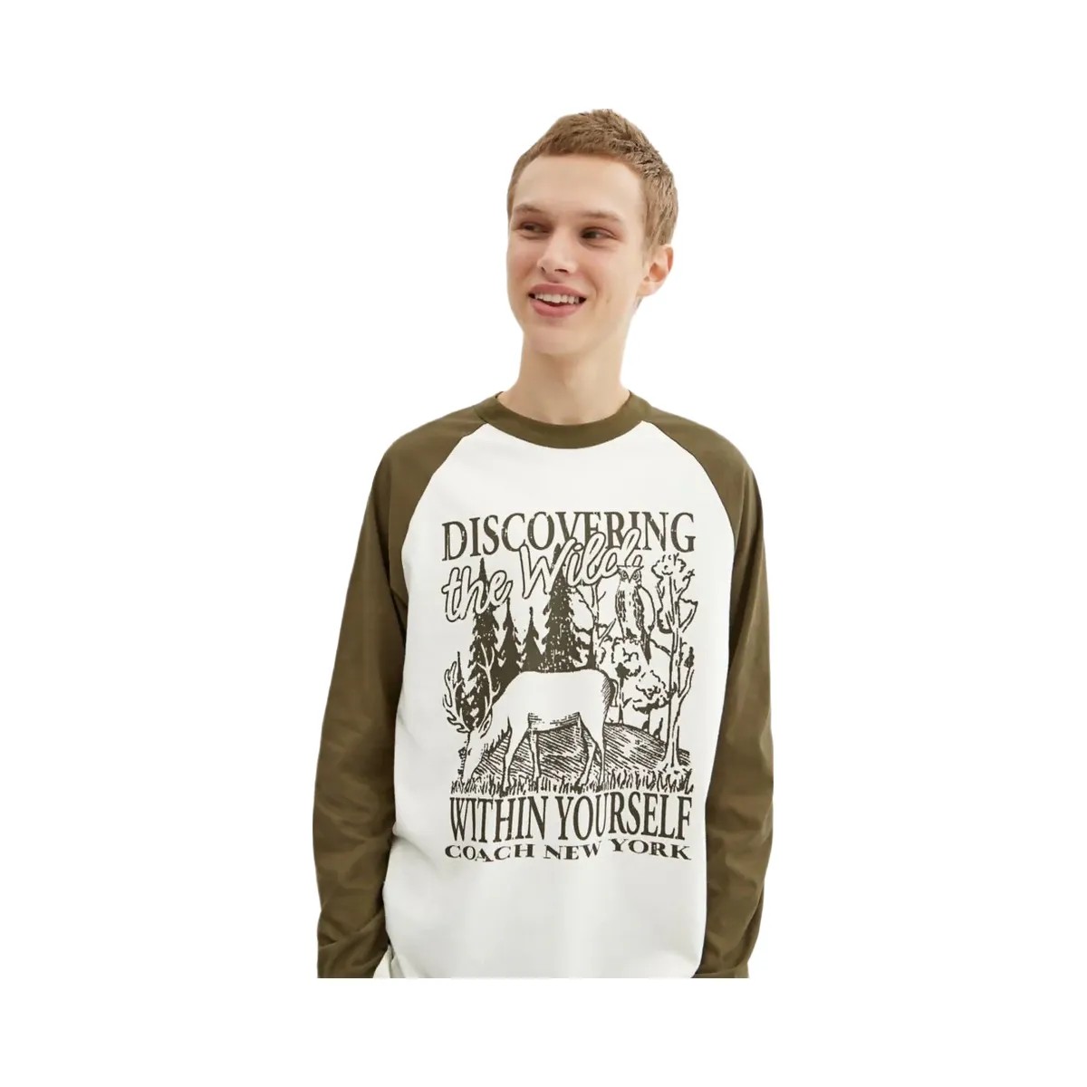 Coach Wild Raglan Crewneck Long Sleeve T Shirt In Organic Cotton Cream Multicolor - HypeFly India View 4